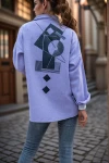Lila Taş Deri Garnili Sırtı Baskılı Kaşe Oversize Ceket Gömlek BCBSK-25700-3289