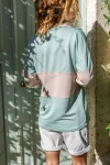 Mint Yakası Fermuarlı Color Block Polo Yaka Salaş Sweatshirt BCBSK-25700-3471