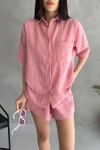 Pembe Aerobin Keten Kısa Kol Gömlek Ve Şort Alt Üst Takım BCDF-253608