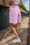 Pembe Kendinden Kemerli Cepli Piliseli Gabardin Şort BCBSK-25700-3562
