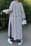 Pembe Keten Şal Yaka Cepli Kendinden Kuşaklı Çizgili Kimono Elbise BCBSK-25700-3373