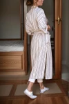 Pudra Keten Şal Yaka Cepli Kendinden Kuşaklı Çizgili Kimono Elbise BCBSK-25700-3373