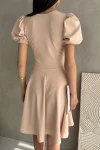 Pudra V Yaka Kolları Lastikli Düğme Detaylı Midi Boy Kloş Elbise BCDF-252194
