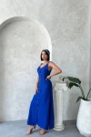 Saks Askılı Yırtmaç Detaylı Maxi Boy Dokuma Gömlek Elbise BCHN-25255044