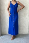 Saks Askılı Yırtmaç Detaylı Maxi Boy Dokuma Gömlek Elbise BCHN-25255044