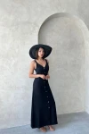 Siyah Askılı Yırtmaç Detaylı Maxi Boy Dokuma Gömlek Elbise BCHN-25255044