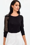 Siyah Bisiklet Yaka Dantel Detaylı Bluz BCBSK-25700-T4007-1310