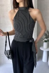 Siyah Çizgili Beli Kuşak Detaylı Halter Bluz BCDF-252192