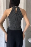 Siyah Çizgili Beli Kuşak Detaylı Halter Bluz BCDF-252192