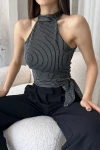 Siyah Çizgili Beli Kuşak Detaylı Halter Bluz BCDF-252192