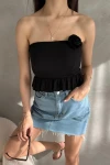 Siyah Eteği Volanlı Gül Detaylı Crop Büstiyer Bluz BCDF-252184