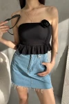 Siyah Eteği Volanlı Gül Detaylı Crop Büstiyer Bluz BCDF-252184