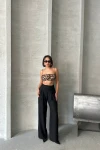 Siyah Keten Çift Pileli Dokuma Pantolon BCHN-25255046