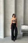 Siyah Keten Çift Pileli Dokuma Pantolon BCHN-25255046