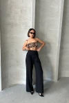 Siyah Keten Çift Pileli Dokuma Pantolon BCHN-25255046
