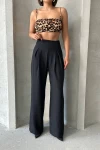 Siyah Keten Çift Pileli Dokuma Pantolon BCHN-25255046