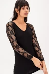 Siyah Kolları Dantelli Kayık Yaka Bluz BCBSK-25700-T4006-1840