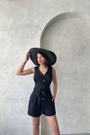 Siyah Kuşaklı Pileli Düğmeli Şort Tulum BCHN-25255055