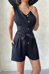 Siyah Kuşaklı Pileli Düğmeli Şort Tulum BCHN-25255055