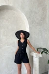 Siyah Kuşaklı Pileli Düğmeli Şort Tulum BCHN-25255055