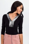 Siyah Pul Payetli V Yaka Bluz BCBSK-25700-T4008-1280
