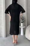 Siyah V Yaka Delik İşi Örme Triko Elbise BCDF-25A3001