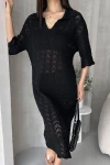 Siyah V Yaka Delik İşi Örme Triko Elbise BCDF-25A3001