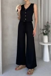 Siyah V Yaka Düğmeli Yelek Ve Pantolon Takım BCDF-252190-1