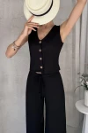 Siyah V Yaka Düğmeli Yelek Ve Pantolon Takım BCDF-252190-1