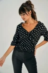 Siyah V Yaka Puantiyeli Bluz BCBSK-25700-T4010-1250