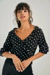Siyah V Yaka Puantiyeli Bluz BCBSK-25700-T4010-1250