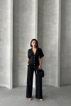 Siyah Yarım Kol Beli Korse Görünümlü Bol Kesim Dokuma Tulum BCHN-25255059