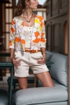 Turuncu Desenli Poplin Crop Ceket BCBSK-25700-3227