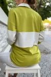 Yağ Yeşili Yakası Fermuarlı Color Block Polo Yaka Salaş Sweatshirt BCBSK-25700-3471