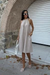 Bej Gizli Cepli Yazlık Keten Dokuma Elbise BCDF-25255029