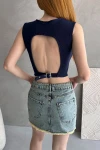 Lacivert Sırtı Kemer Detaylı Kaşkorse Crop Bluz BCDF-252207