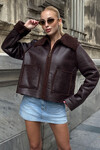 Acı Kahve Çift Cepli İçi Suni Kürklü Biker Ceket BCVL-25V217