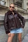 Acı Kahve Çift Cepli İçi Suni Kürklü Biker Ceket BCVL-25V217