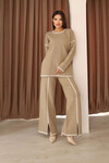 Bej Çizgi Desenli Triko Kazak Ve Yırtmaçlı Pantolon Triko Alt Üst Takım BCES-253008