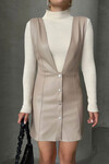 Bej Düğme Detaylı Suni Deri Jile Elbise BCHN-2526796