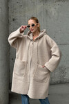 Bej Kapüşonlu Çift Cepli Oversize Buklet Ceket Kaban BCVL-25V607