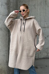 Bej Kapüşonlu Çift Cepli Oversize Buklet Ceket Kaban BCVL-25V606