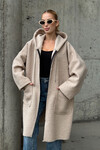 Bej Kapüşonlu Çift Cepli Oversize Buklet Ceket Kaban BCVL-25V607