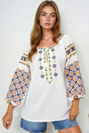 Beyaz Geniş Yaka Nakış İşlemil Yazlık Keten Bluz BCHESQ-251079