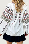 Beyaz Hakim Yaka Nakışlı Balon Kol Poplin Dokuma Bluz BCHESQ-251048