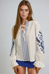 Beyaz Nakış İşlemeli Önü Bağcıklı Kolları Lazer Kesim Poplin Dokuma Bluz BCHESQ-251101