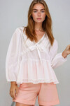 Beyaz V Yaka Önü Büzgülü Fisto Detaylı Pamuk Bluz BCHESQ-251088