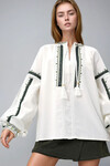 Ekru Balon Kol Nakışlı Ham Keten Bluz BCHESQ-251066