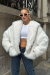 Ekru Kapüşonlu Suni Kürk Premium Peluş Ceket BCVL-25V218-KPS