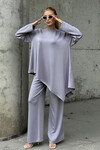 Gri Rahat Kalıp Asimetrik Bluz Ve Pantolon Modal Kumaş Alt Üst Takım BCVL-25V231